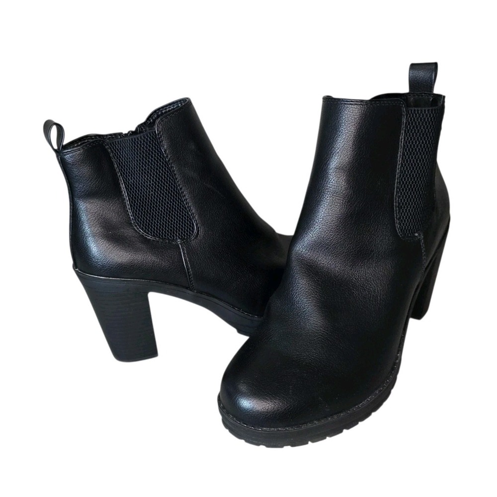 Jeossy Milan Womens 8.5 Black Chelsea Ankle Boots Block Heel Lug Sole